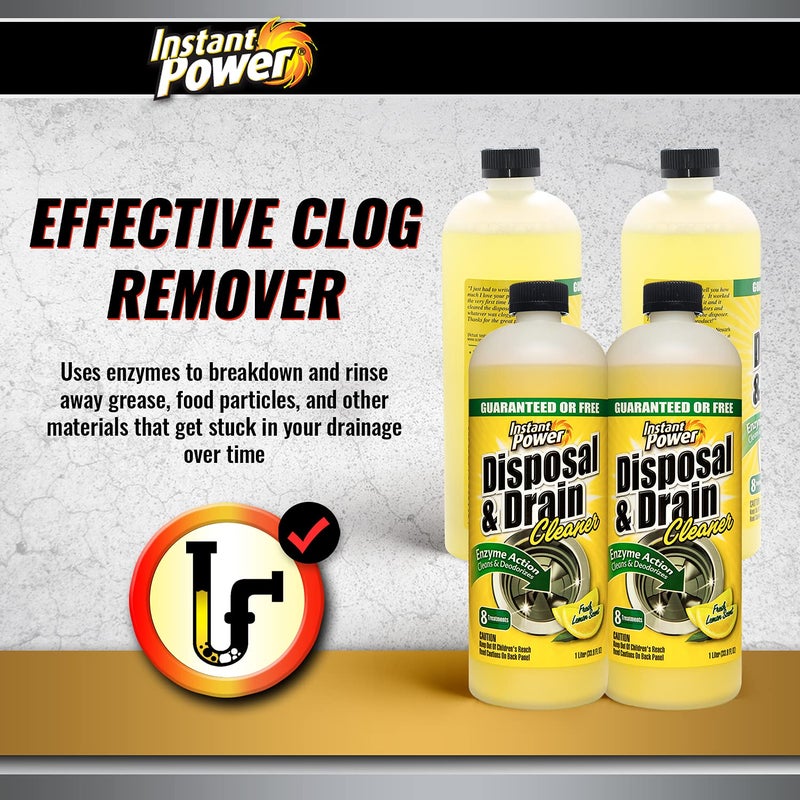 Instant Power Disposal and Drain Cleaner - Liquid Enzyme Clog Remover, Cleans and Deodorizes, Removes Drain Blockages, Fresh Lemon Scent 33.8 Fl oz, 1 Liter 4 Pack - Image 3